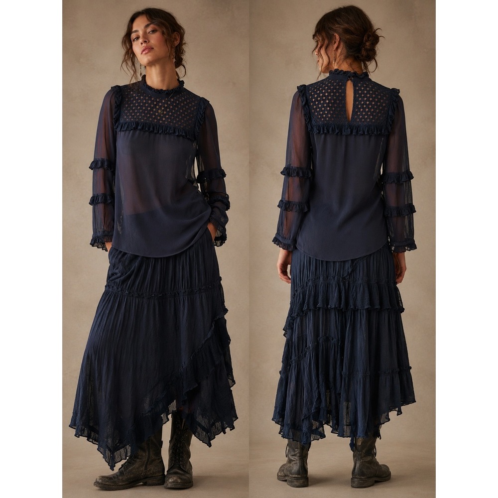 Munthe Sheer Silk Blouse‎ 34 Navy Blue Ruffle Mock Neck Lace Yoke Boho Coquette
